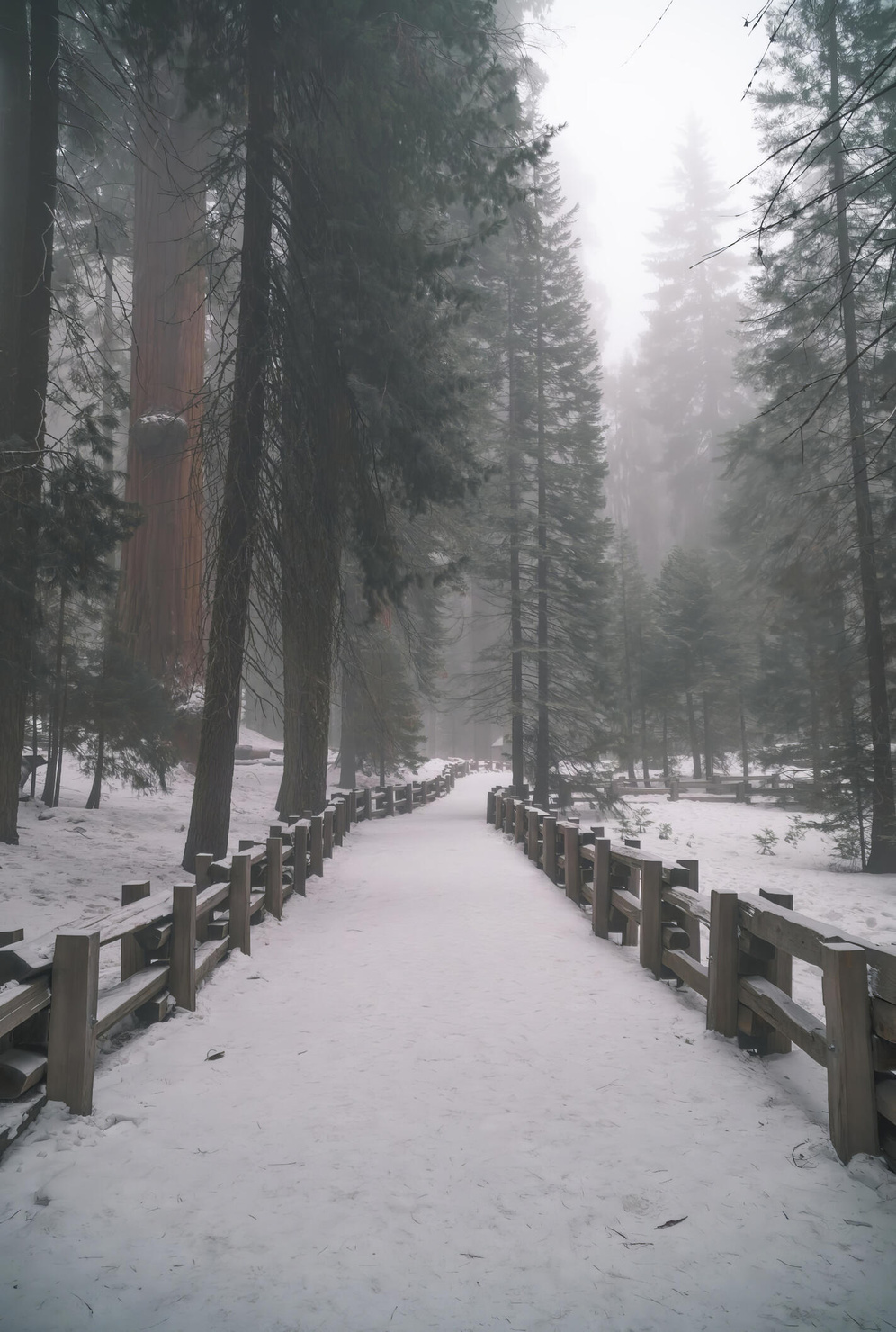 Winter in the Sequoias Snowy trail near General Sherman in Sequoia National Park, showcasing winter wonderland beauty