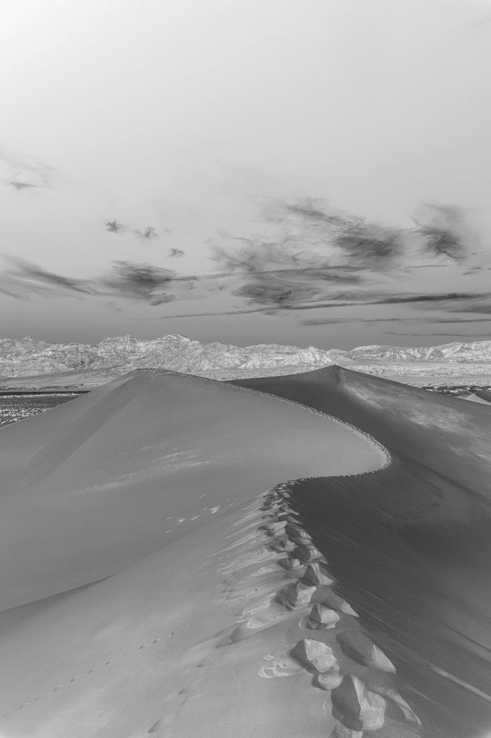 Mesquite Sands Inverted black and white image of the Mesquite Sand Dunes in Death Valley, highlighting the intricate patterns and contours of the sandy landscape