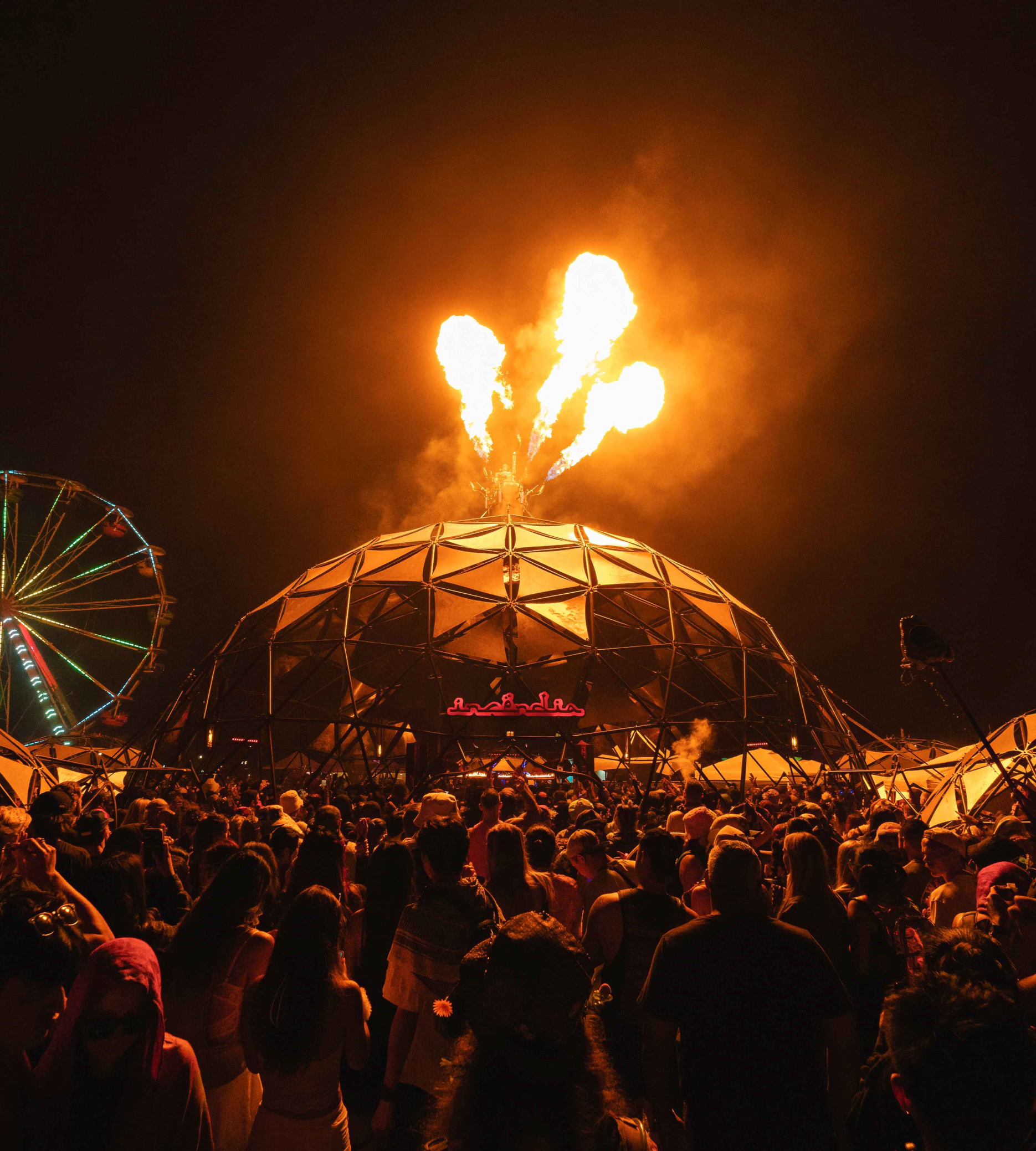 The Firepit The Firepit stage at North Coast Music Festival near Chicago, with giant flames shooting into the air during a live performance.